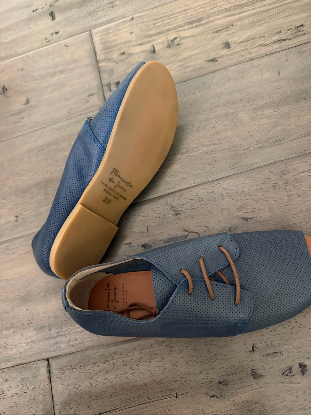 New Manuela de Juan Blue Perforated Lace-Up Open-Toe Shoes Sz 37 - Picture 2 of 6